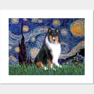 Starry Night (Van Gogh) Adapted to Feature a Tri Color Collie Posters and Art